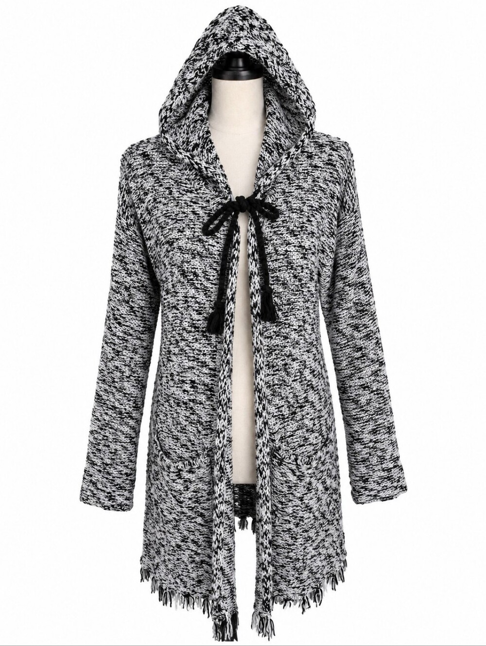 Umgee Black & White Marled Knit Hooded Sweater Cardigan SZ: M Fringe Boho-glam